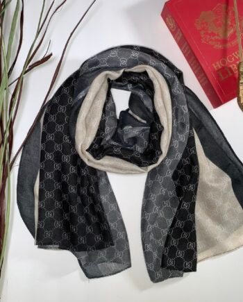 Black with Beige and Gray Bands Viscose Printed Luxury Scarf