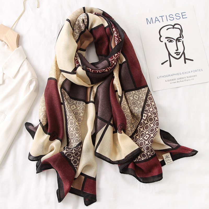 Maroon Beige Enriched Viscose Printed Luxury Scarf