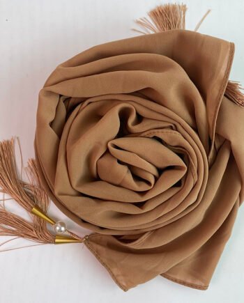 Chiffon Arabic style Light Brown Scarf with Silk Tassels and Pearls