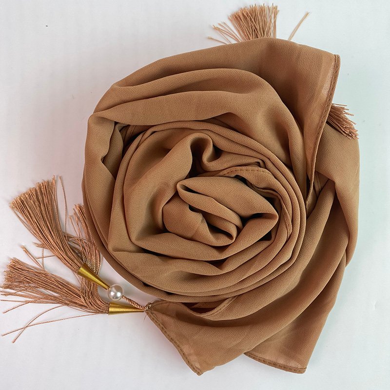 Chiffon Arabic style Light Brown Scarf with Silk Tassels and Pearls