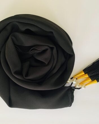 Chiffon Arabic style Black Scarf with Silk Tassels and Pearls