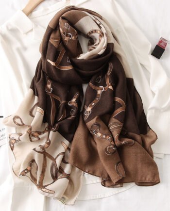 Dark Brown with Belts Design Viscose Printed Luxury Scarf