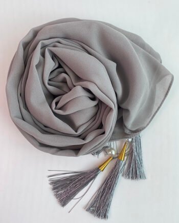 Chiffon Arabic style Gray Scarf with Silk Tassels and Pearls